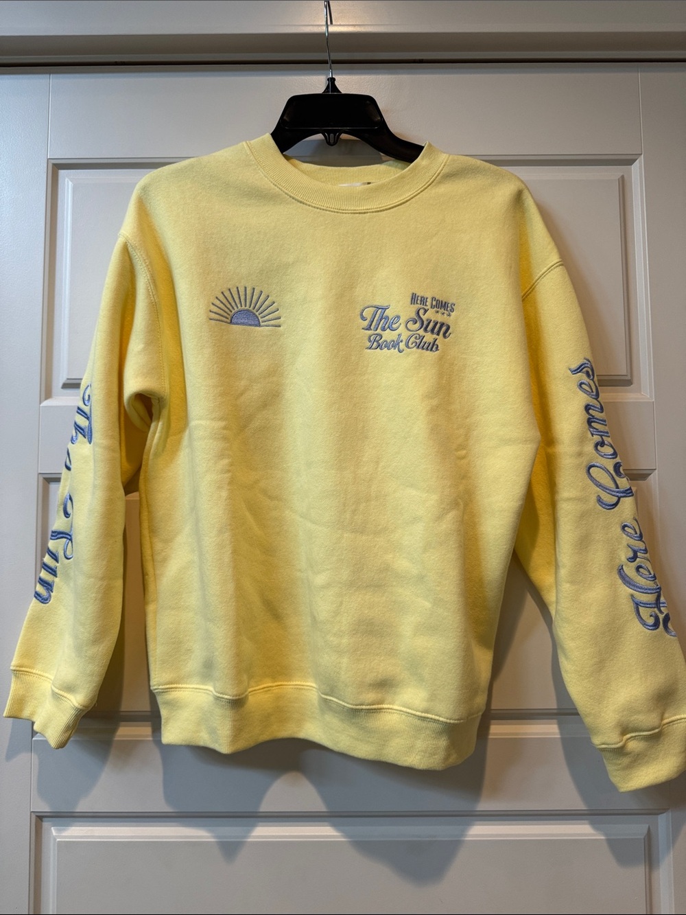 NWOT: Altar’d State Embroidered Butter yellow/ Periwinkle Font Crewneck SZ: XXS